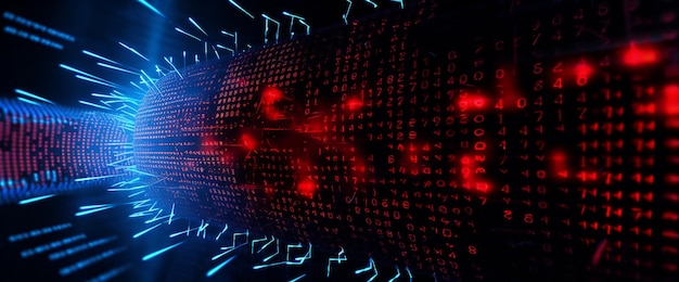Binärcode, der über einen dunkelblauen Hintergrund scrollt und von einem blinkenden roten Warnschild unterbrochen wird, das auf eine Virusbedrohung hinweist