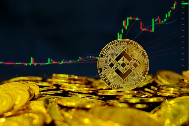 Binance Coin Kryptowährung auf Haufen Goldmünzen am Computer Trading Chart Hintergrund