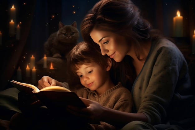 Bindung durch Bücher. Mutter liest ihrem Kind vor dem Schlafengehen vor. Generative KI