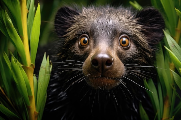Un binturong, también conocido como gato oso, posa en las ramas de un denso bosque tropical