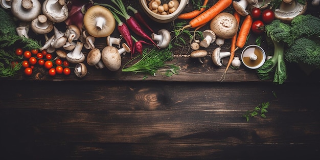 Bio-Ernte Gemüse aus Garten- und Waldpilzen Vegetarische Zutaten zum Kochen auf dunklem rustikalem Holzhintergrund Draufsicht mit großem Copyspace