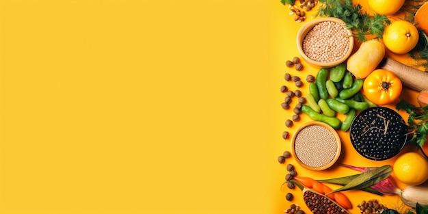 Bio-Gemüse Linsen Bohnen Rohzutaten zum Kochen auf trendigem gelbem Hintergrund Gesundes, sauberes Ernährungskonzept Vegane oder glutenfreie Ernährung Kopierbereich Draufsicht Lebensmittelrahmen