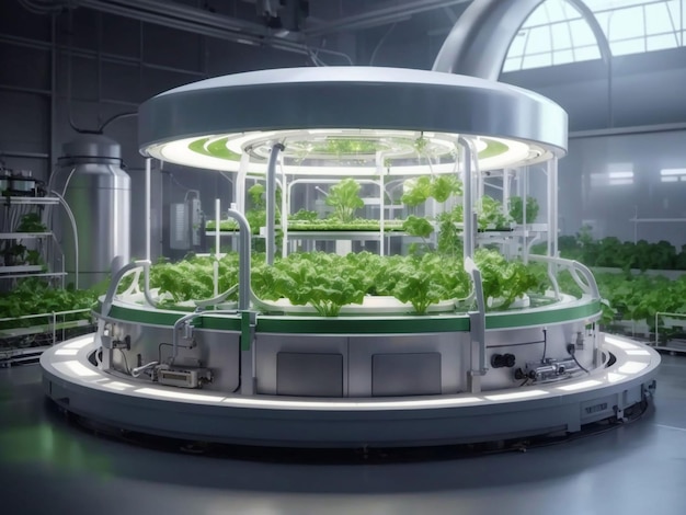 Bio-Gemüsefarm Hydroponic Gemüsepflanzenfabrik Futuristische Anlage Hydroponics Laborraum auf einem Raumschiff mit kreisförmigem Podium