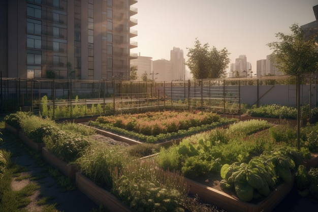 Bio-Gemüsegarten im Stadtgebiet mit Gebäuden AI