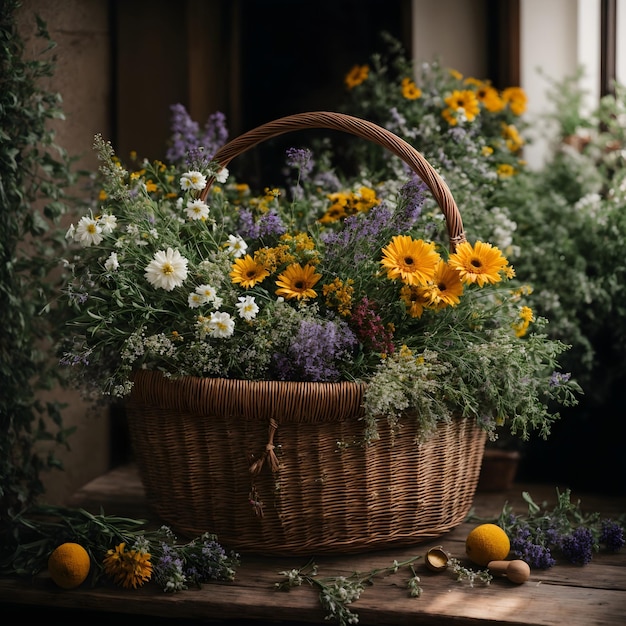 Bio-Heilkräuter und Blumen im Korb