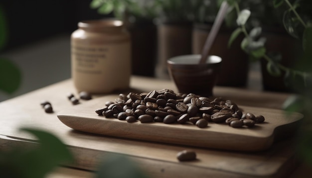 Bio-Kaffeebohnen-Erfrischung im rustikalen Café-Stillleben, erzeugt durch künstliche Intelligenz