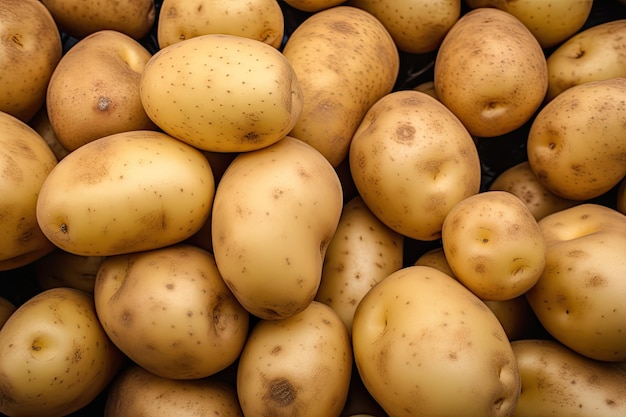 Bio-Kartoffeln stechen unter den großen Marktkartoffeln hervor. Haufen Wurzelgemüse Nahaufnahme Textur Makro