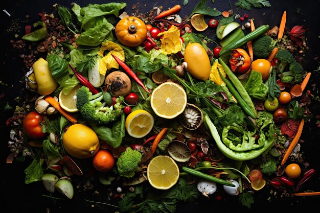 Bio-Obst und -Gemüse wächst im Kompost, Draufsicht, flach liegend