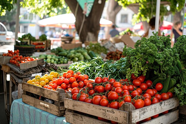 Bio-Produkte werden auf einem lokalen Markt verkauft, große Stadtgebäude im Hintergrund