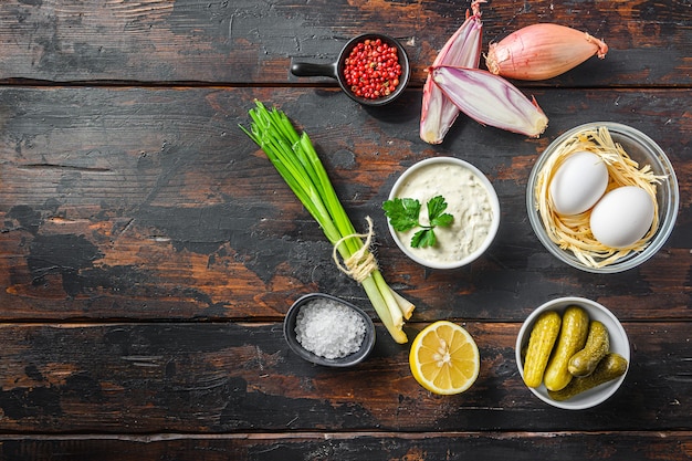 Bio-Sauce Tartar mit Bio-Zutaten Kapern, Gurken, Petersilie, Zitrone und Eiern