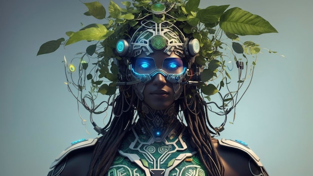 Bio techno shaman of the digital jungle um personagem que combina os reinos da natureza e da tecnologia