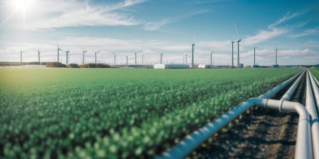 Bio- und nachhaltige Landwirtschaft und moderne umweltfreundliche Landwirtschaft Erneuerbare Energie-Konzept mit Blättern im Vordergrund und Windmühle-Turbine im Hintergrund Generative KI