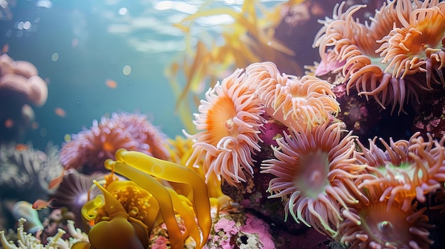Foto biodiversidad marina primer plano de anémonas marinas pólipos de coral y algas que prosperan en un vibrante ecosistema submarino