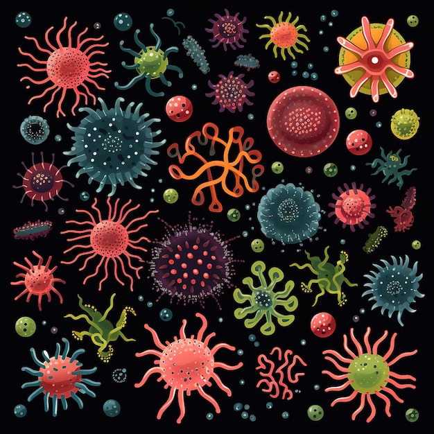Biohazard Symphony Padrões Multicoloridos Harmoniosos de Vírus e Bactérias