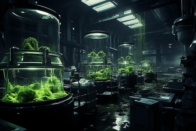 Biolab futurista com plantas experiências em laboratório biológico escuro