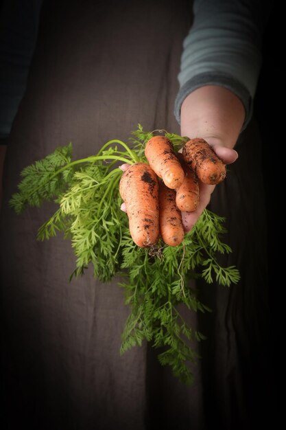 Foto biologisches frisch geerntetes gemüse landwirte mit frischen karotten in der nähe