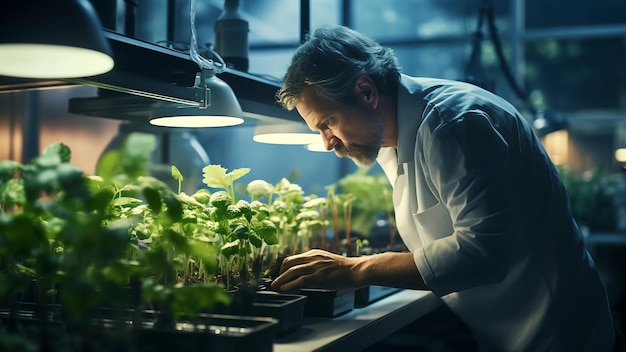 Biólogo barbudo trabalha com mudas em laboratório agrícola