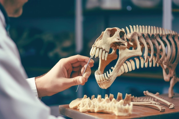 Foto un biólogo estudia el esqueleto de un dinosaurio animal antiguo