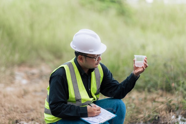 Foto biólogo marino analizando los resultados de las pruebas de agua y las muestras de algas