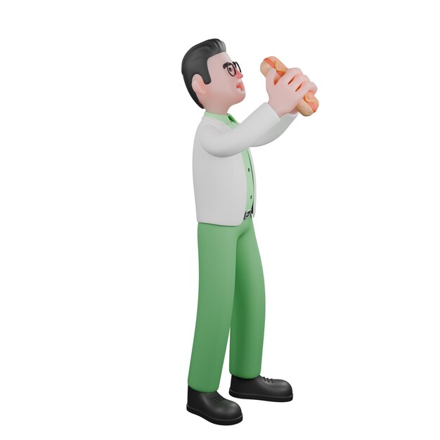 Un biólogo masculino sostiene un perrito caliente en ambas manos Biólogo masculino 3D