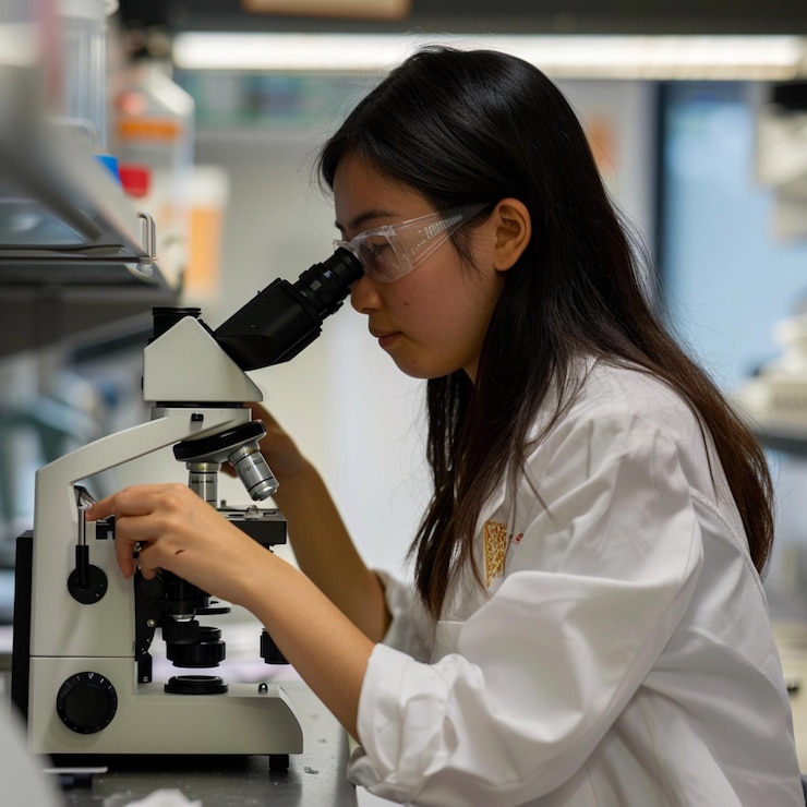 Biólogo que trabaja con equipos de laboratorio y vidrio para el desarrollo