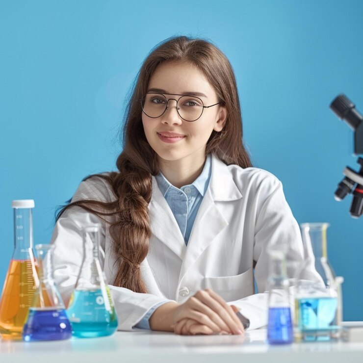 Biólogo que trabaja con equipos de laboratorio y vidrio para el desarrollo