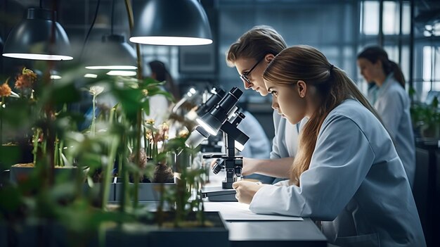 Biólogos examinando muestras de plantas bajo el microscopio