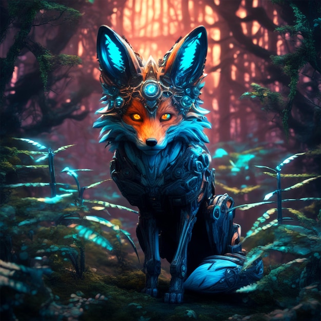 Bioluminescente Fox Art Apocalíptico Fofo Pequeno Kawaii Rodeando Vegetação