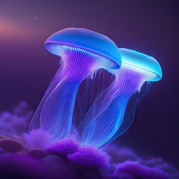 Biolumineszierende Quallen, die im Ozean lila und blau leuchten