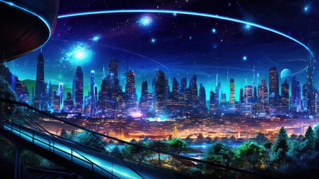 Bioluminiscencia mágica celestial aérea y maravilla urbana