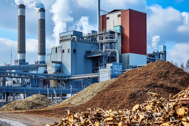 Biomasse-Kraftwerk mit Holzflächen, die für die Erzeugung von Energie verwendet werden