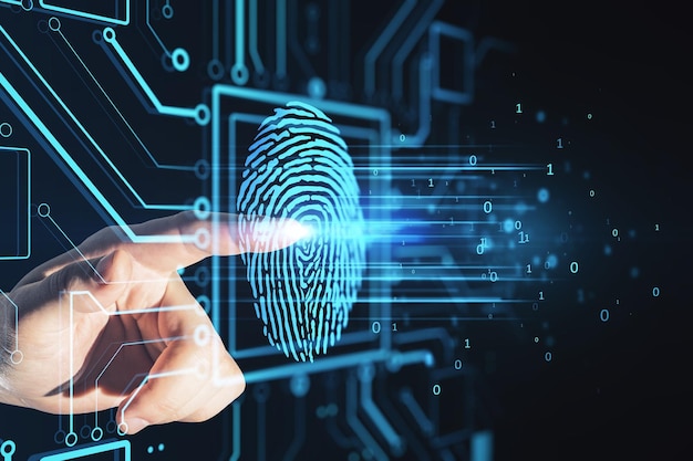 Biometría y concepto de seguridad de datos personales con el dedo del hombre en la pantalla táctil digital con huella digital humana azul virtual dentro del microcircuito de la computadora en el fondo oscuro