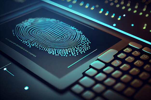 Biometrie-Identifikation und Cyber-Sicherheitskonzept Leuchtender Neon-Fingerabdruck auf dunklem Hintergrund Generative KI