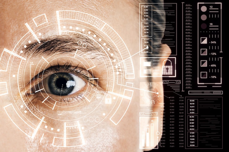 Foto biometrie- und scankonzept mit menschlichem auge und digitalem cyberspace-bildschirm