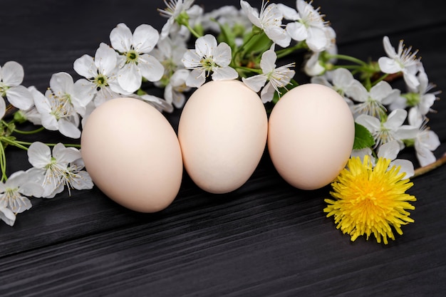 Bioproductos. Huevos de gallina ecológicos. Composición de ramas de árboles florecientes. Huevos de Pascua con flores blancas