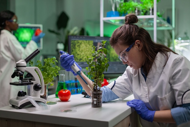 Bioquímica científica tomando líquido verde com micropieptte puttin em mudas