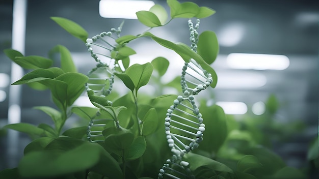 Bioquímica de fundo Bioquímica e conceito de bioquímica Close Up da cadeia de DNA em planta verde