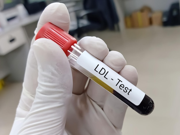 Bioquímico o tecnólogo de laboratorio tiene una muestra de sangre para la prueba de LDL (lipoproteína de baja densidad).