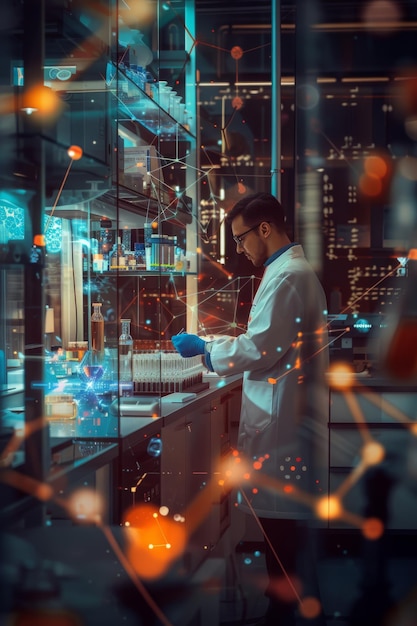 bioquímico trabajando en investigación científica en un laboratorio futurista con íconos de átomos con moléculas
