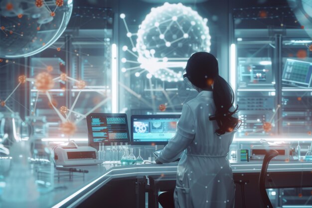 Foto bioquímico trabajando en investigación científica en un laboratorio futurista con íconos de átomos con moléculas