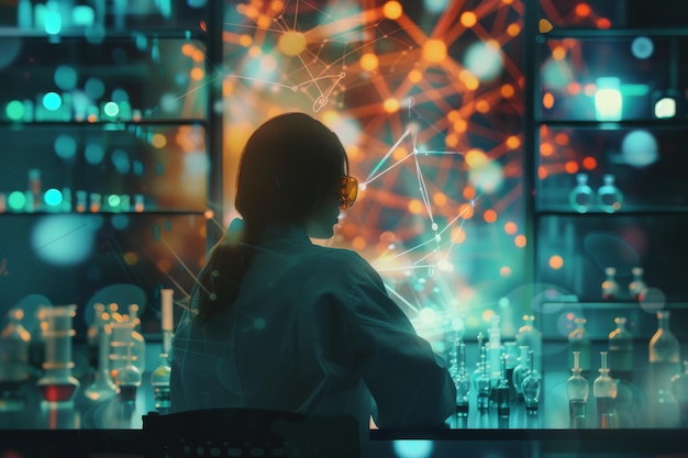 bioquímico trabajando en investigación científica en un laboratorio futurista con íconos de átomos con moléculas