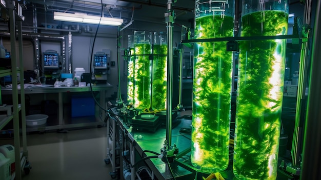 Bioreatores brilhando em laboratório de algas produção de biocombustíveis energia verde futuro ar 43