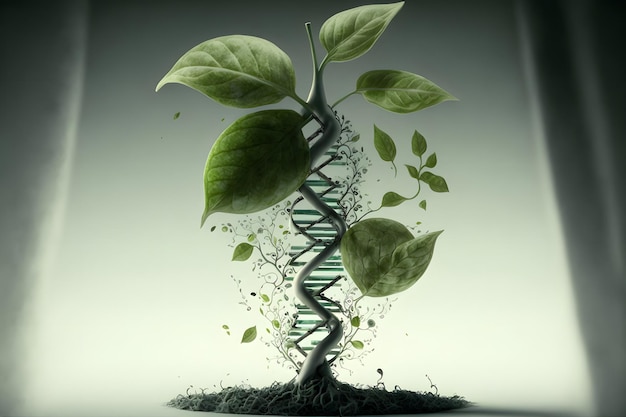 Biotechnologie-Konzept grüner Gemüsespross mit dna-Spirale um neurales Netzwerk generierte Kunst