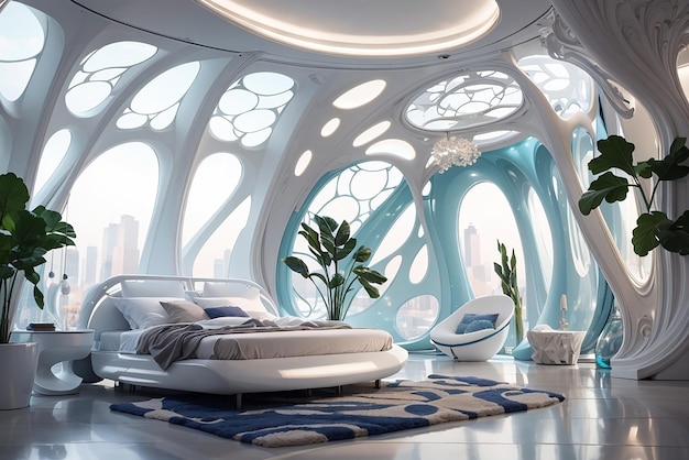 Biotechnologische Eleganz Gestalten Sie ein futuristisches Schlafzimmer mit lebendem Organismus-Dekor