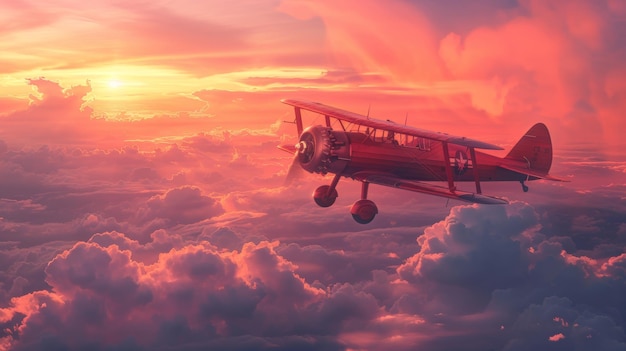 El biplano rojo está volando a través de las nubes en un estilo retro