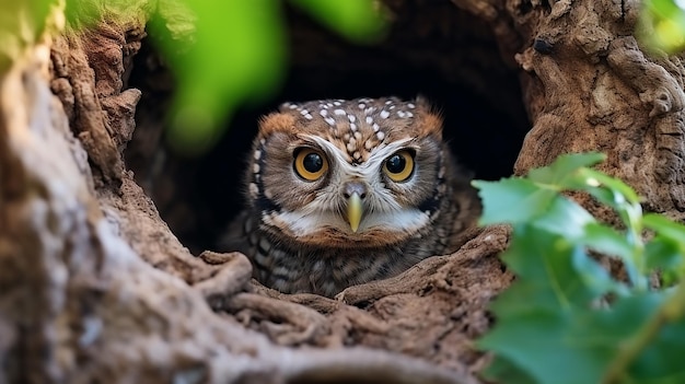 Bird Owl Three Spotted owlet Athene brama en el árbol hollowBird de Tailandia