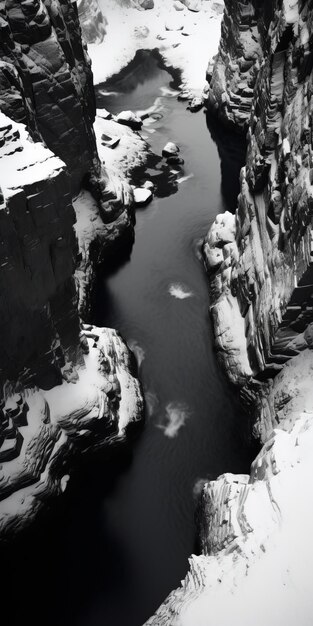 Bird39s Eye View Ein atemberaubendes Schwarzweißfoto von schneebedeckten Felsen am Fluss