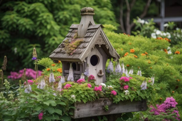 Birdhouse cercado por vegetação e flores exuberantes