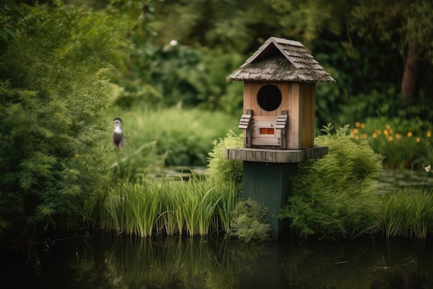 Birdhouse cercado por vegetação luxuriante e lago tranquilo criado com generative ai