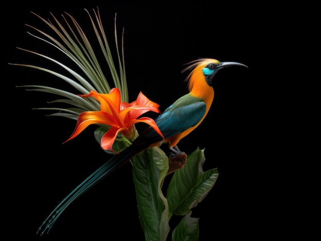 Birds of Paradise Studio-Aufnahme isoliert auf klarem schwarzem Hintergrund Generative KI